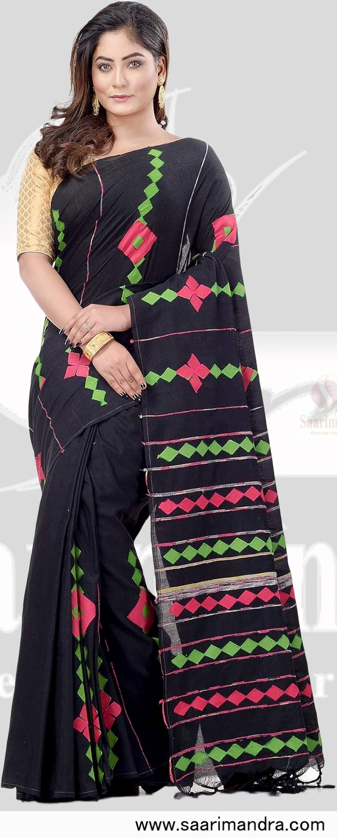 Handloom Indian Premium Black Saree with Green & Pink Geometric Weaves